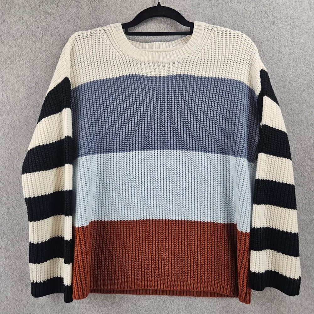 UNBRANDED | Women Colorblock Striped Chunky Knit Sweater Blue Rust Cream Size S